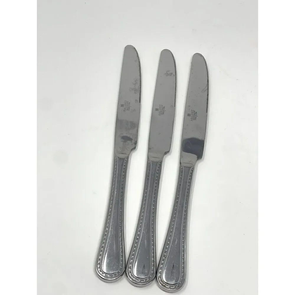 Argent Orfevres Stainless Pearl Dinner Solid Knives 9 1/2” Set Of 3
